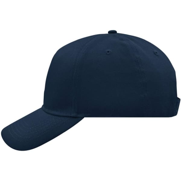 A navy blue 5 panel cap featuring a curved peak and a logo on the front.