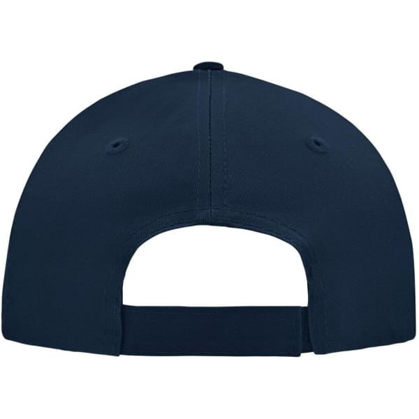 A navy 5 panel cap featuring a back closure and ventilation eyelets, designed for headwear.
