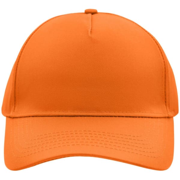 An orange 5-panel cap with a curved brim and a plain design. It features a branding logo on the front.
