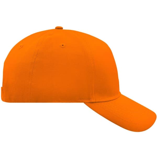 An orange 5 panel cap featuring a curved brim and an adjustable strap at the back, with a logo present.
