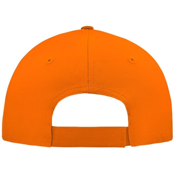 An orange 5 panel cap with a rear adjustable strap and ventilation holes. It has a logo on the back.