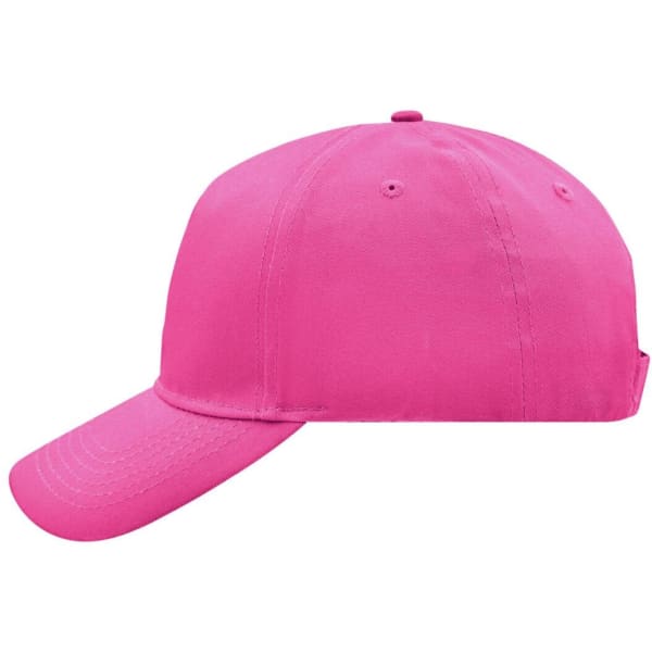 A pink 5 panel cap with a curved brim and an adjustable strap at the back. It features a logo on the side.