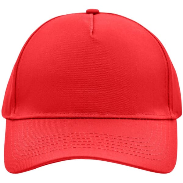A red 5 panel cap with a curved brim and a smooth finish, featuring a logo on the front.