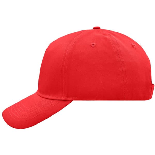 A red 5 panel cap with a curved brim and a rear adjustment strap. Features ventilation holes and a logo.