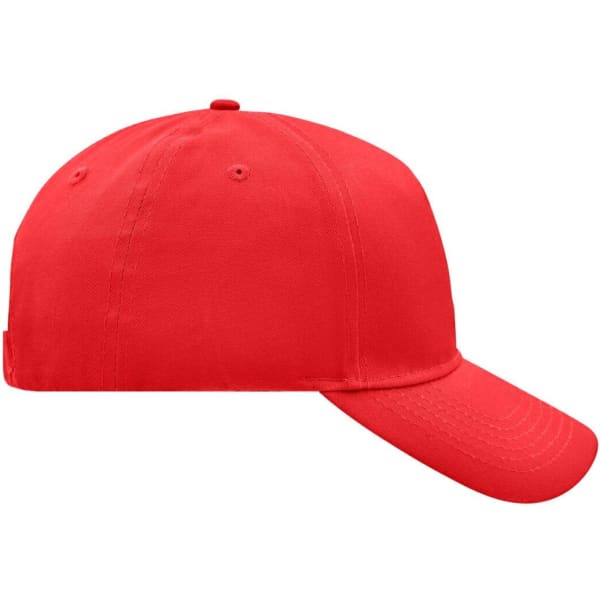 A red 5 panel cap with ventilation holes and a branded label on the side.