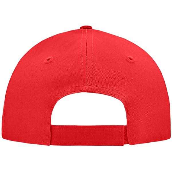 A red 5 panel cap featuring a logo on the back and an adjustable strap for fitting.