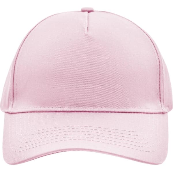 A pink 5 panel cap featuring a structured design and a curved brim. It includes a logo on the front.