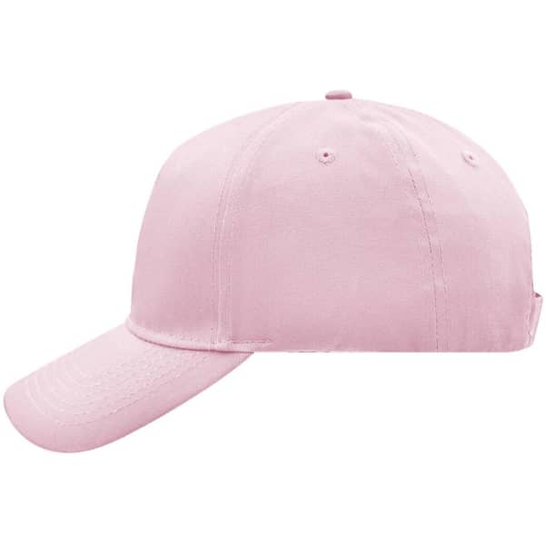 A pink 5-panel cap featuring a curved brim and a logo on the front.