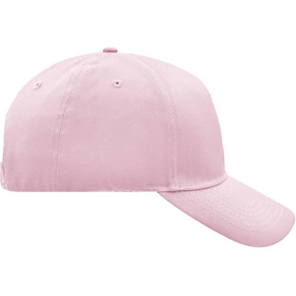 A pink 5 panel cap featuring a curved brim and a logo on the side. Ideal for casual headwear.