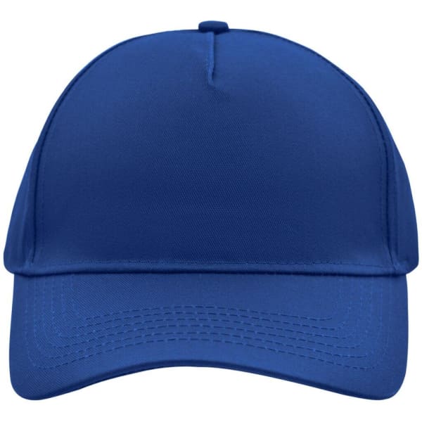 A blue 5 panel cap with a curved brim and an adjustable strap at the back. It features a logo on the front.