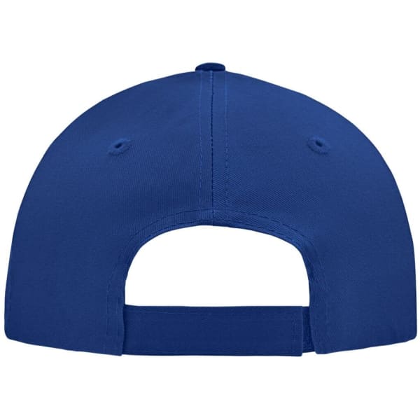 A blue 5 panel cap with adjustable strap at the back and a logo on the side.