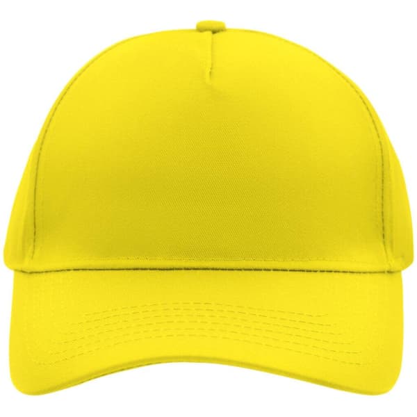 A bright yellow 5 panel cap featuring a curved visor and a logo on the front.