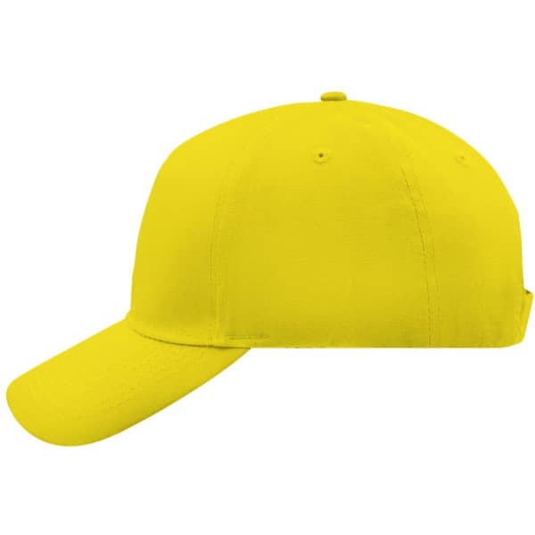 A yellow 5 panel cap featuring a curved peak and a rear adjustment strap. It includes a branding logo.
