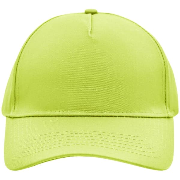 A bright lime green 5 panel cap with a curved brim and a logo. Ideal for various outdoor activities.