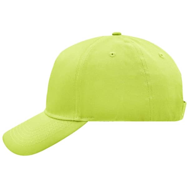 A bright yellow 5 panel cap with a curved peak and a logo on the side.