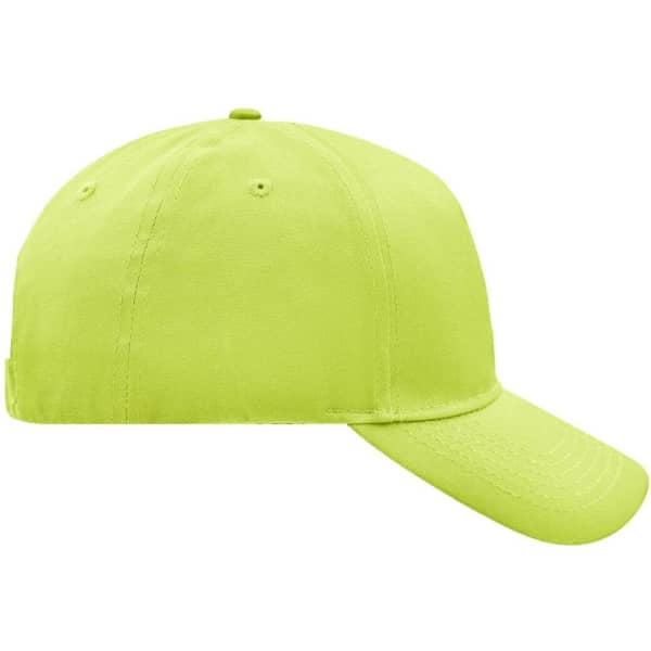 A bright yellow 5 panel cap with a curved brim and a logo on the front, showcasing a simple design.
