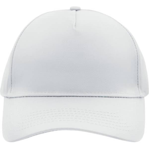 A white 5 panel cap featuring a curved peak and a logo on the front.