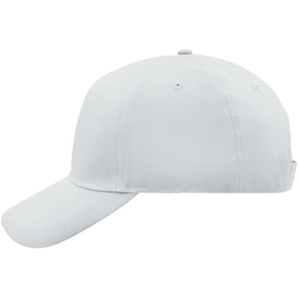 A white 5 panel cap with a curved brim and a logo on the side. Suitable for casual headwear.