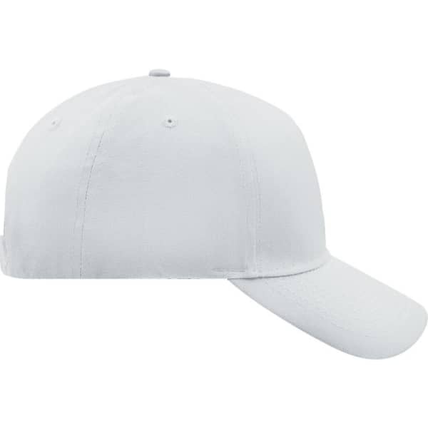 A white 5 panel cap with a curved brim and an adjustable strap at the back, featuring a logo.