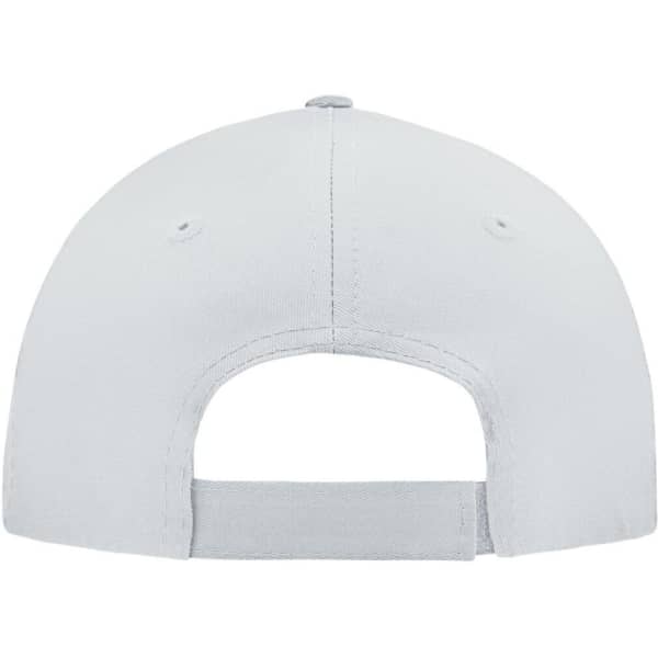 A 5-panel cap in a light grey colour, featuring a back strap and ventilation eyelets. It has a logo on the side.
