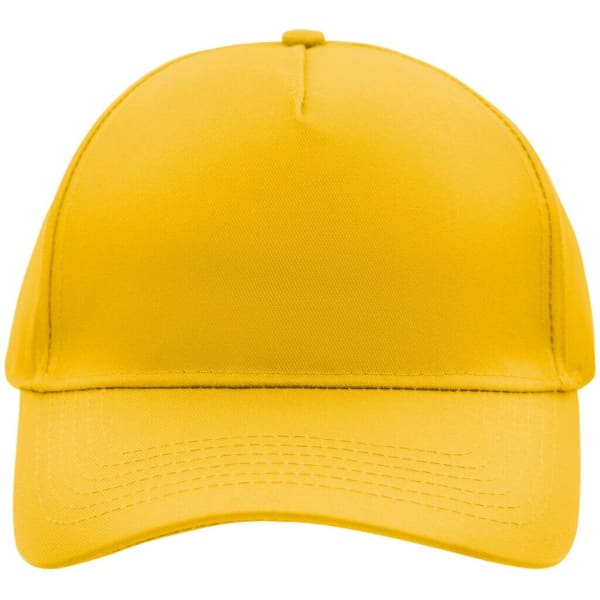 A yellow 5-panel cap with a rounded crown and a stiff brim. It features a logo on the front.