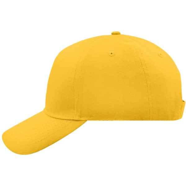 A yellow 5 panel cap with a curved brim and a logo on the side.
