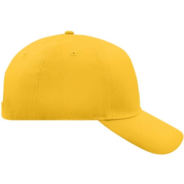 A yellow 5 panel cap featuring a curved brim and a logo on the side.