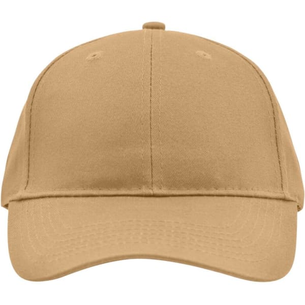 A tan brushed 6 panel cap featuring a curved brim and an adjustable strap at the back. The cap includes a logo.