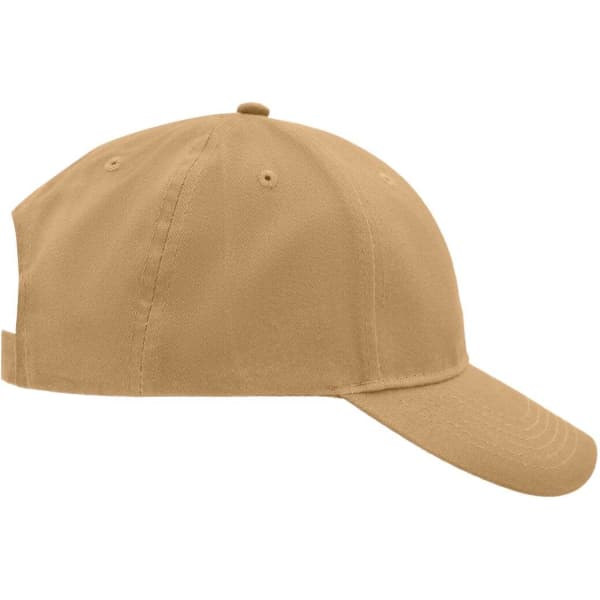 A beige brushed 6 panel cap featuring a curved brim and adjustable strap at the back. It includes a branding logo.