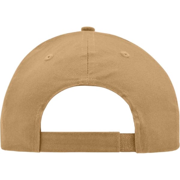 A brushed 6-panel cap in a tan colour, featuring a rear adjustment strap and a logo on the back.
