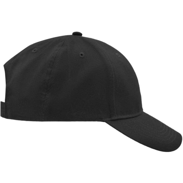 A black brushed 6 panel cap featuring a curved brim and an adjustable strap at the back. It has a logo.