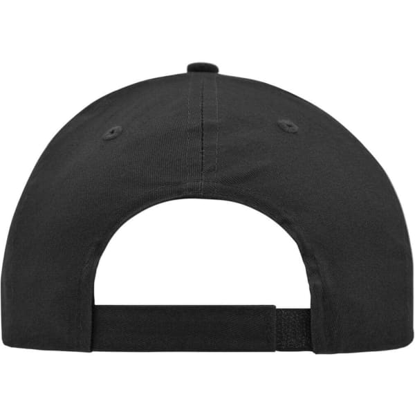 A black brushed 6 panel cap featuring a rear snap closure and a logo on the side.