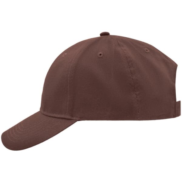 A brown brushed 6 panel cap with a curved visor and a rear strap adjustment. Features a logo.