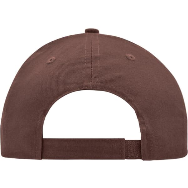 A brown brushed 6 panel cap featuring an adjustable strap and a logo on the back.