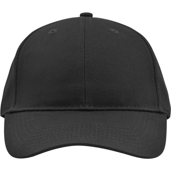 A black brushed 6 panel cap featuring a curved peak and stitched detailing. Includes a branding logo.