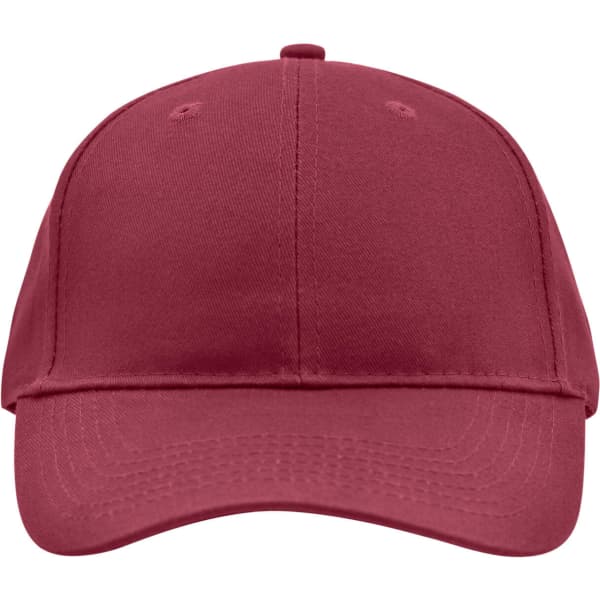 A maroon brushed 6 panel cap with a curved brim and a logo on the front.