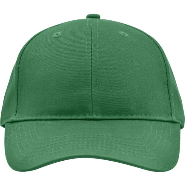 A green brushed six-panel cap featuring a structured design and an adjustable strap at the back.