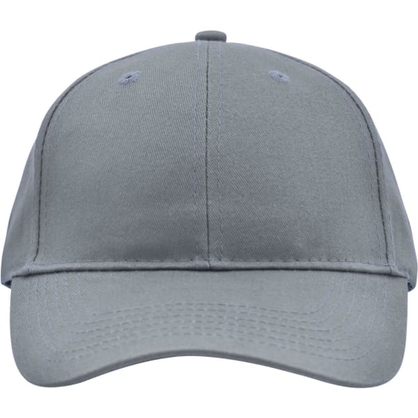 A brushed grey 6 panel cap with a logo on the front. The cap has a curved peak and a plain design.