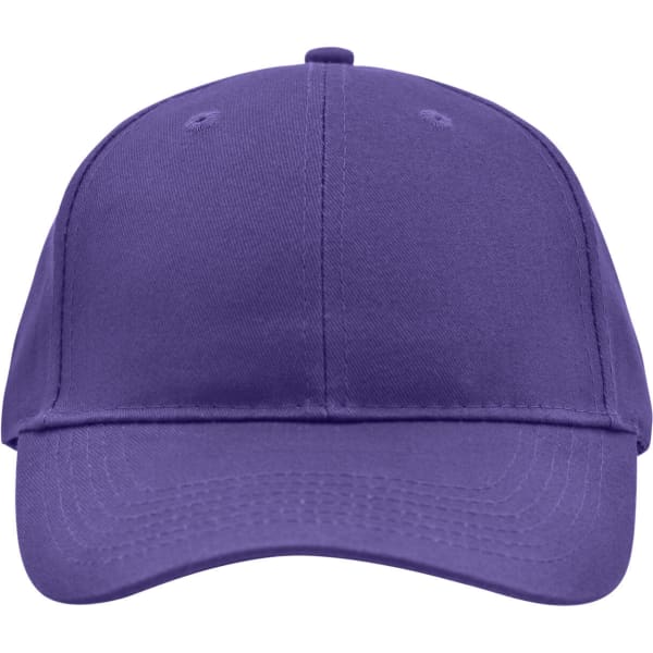 A purple brushed 6 panel cap featuring an adjustable strap and a front logo.