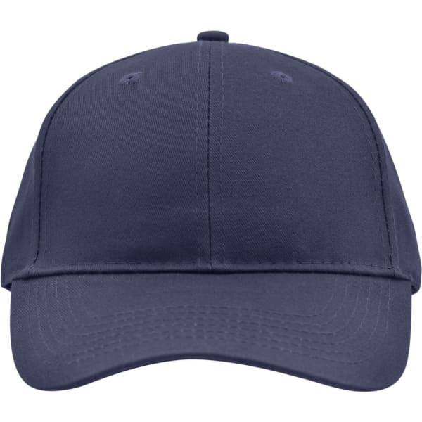 A navy brushed 6 panel cap featuring a curved brim and a logo on the front.