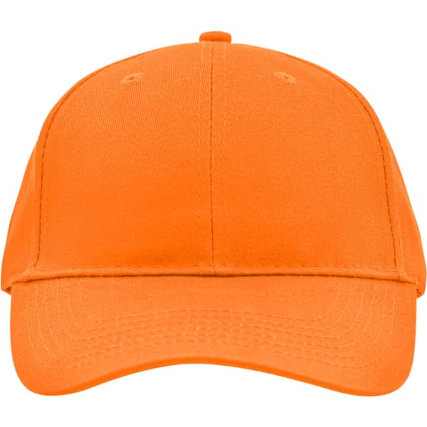 An orange brushed 6 panel cap featuring a logo on the front.