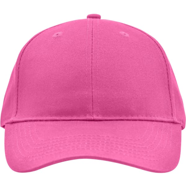 A pink brushed 6 panel cap with a structured front and a rounded peak. It features a logo on the front.