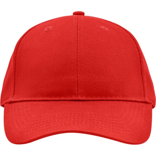 A red brushed 6 panel cap featuring a curved brim and an adjustable strap. It has a logo on the side.