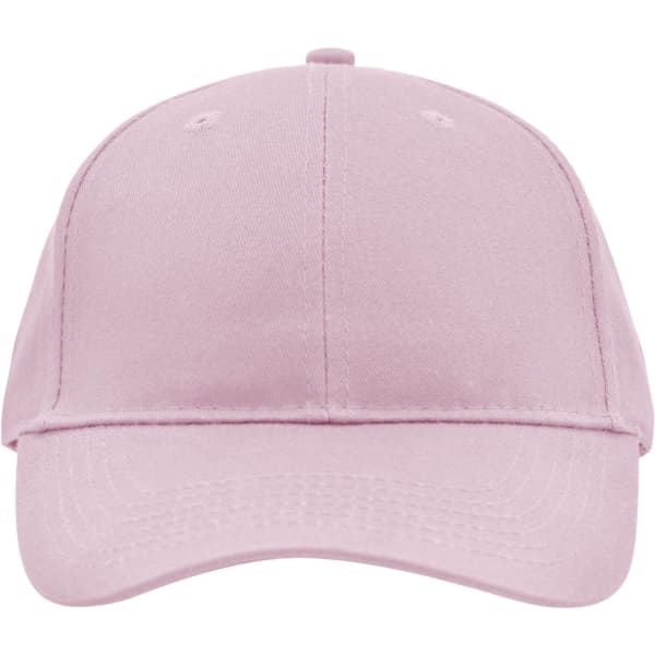 A pink brushed 6 panel cap with a curved brim and a logo on the front.