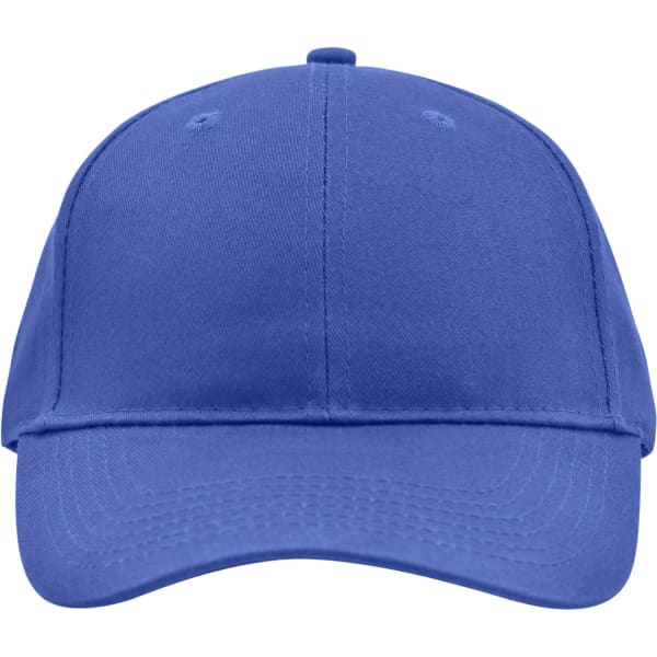 A blue brushed 6 panel cap featuring a curved brim and an embroidered logo.
