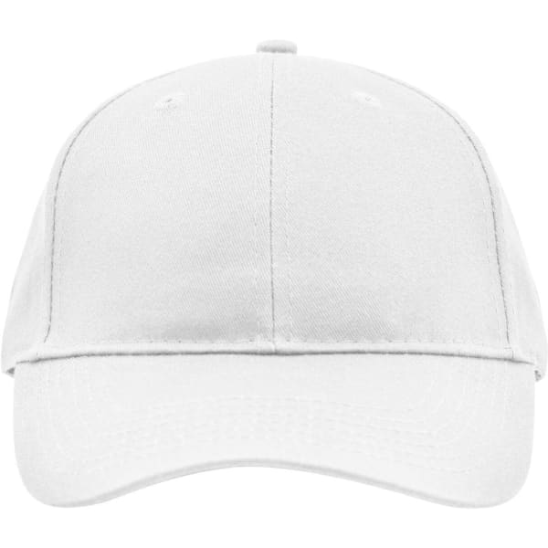 A white brushed six-panel cap with a curved brim and an unembellished front. It features a logo on the side.