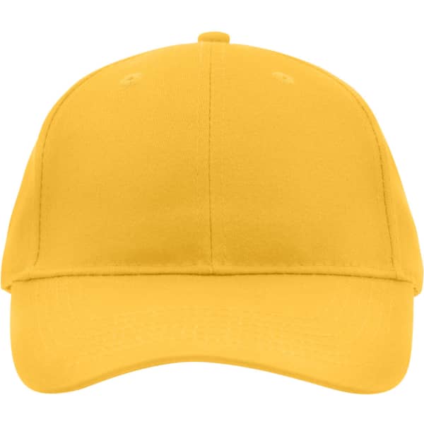 A yellow brushed 6 panel cap with a curved brim and a logo. Suitable for casual wear.