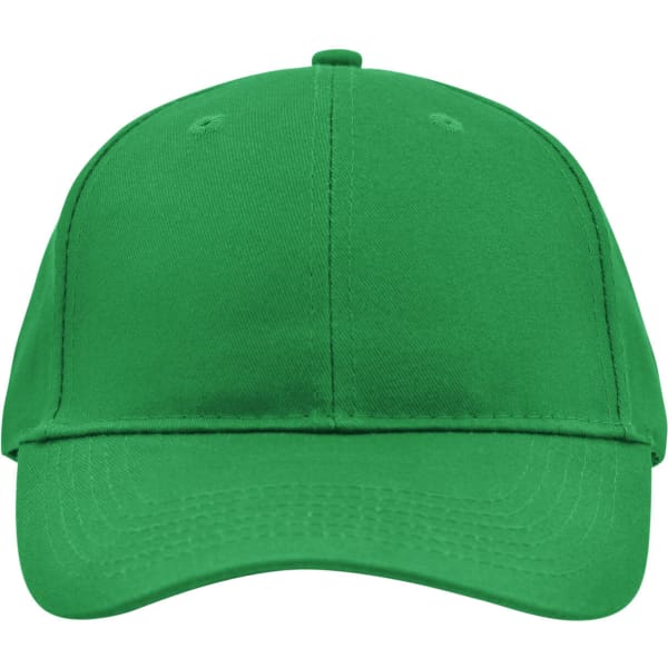 A green brushed 6 panel cap with a curved visor, featuring a logo on the front.