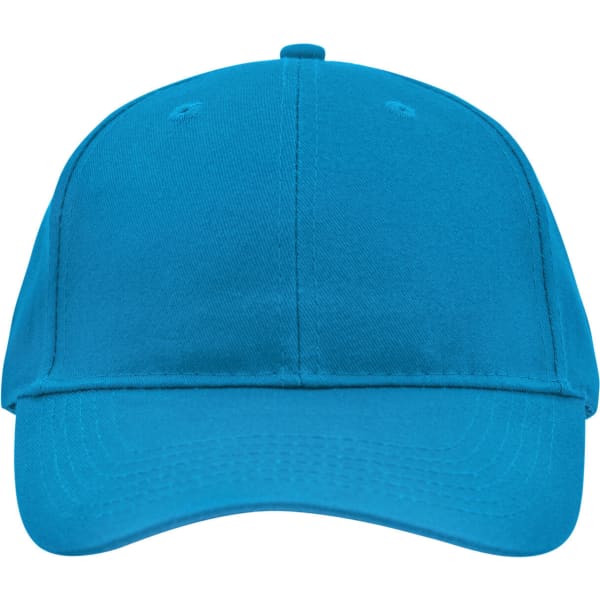 A blue brushed 6 panel cap with a rounded peak and an adjustable back. It features a logo on the front.