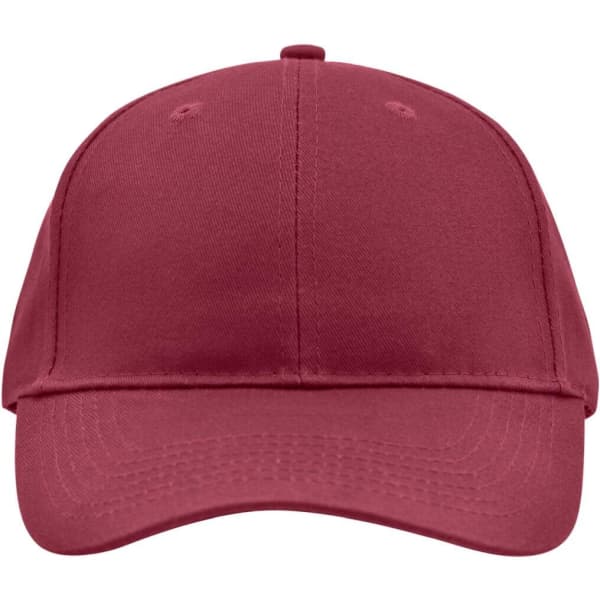 A burgundy brushed six-panel cap with a logo on the front and a curved brim.